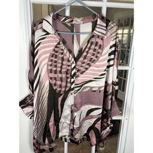 Umgee Abstract Oversized Satin Blouse Smocked Cuff V-Neck Indie Size L